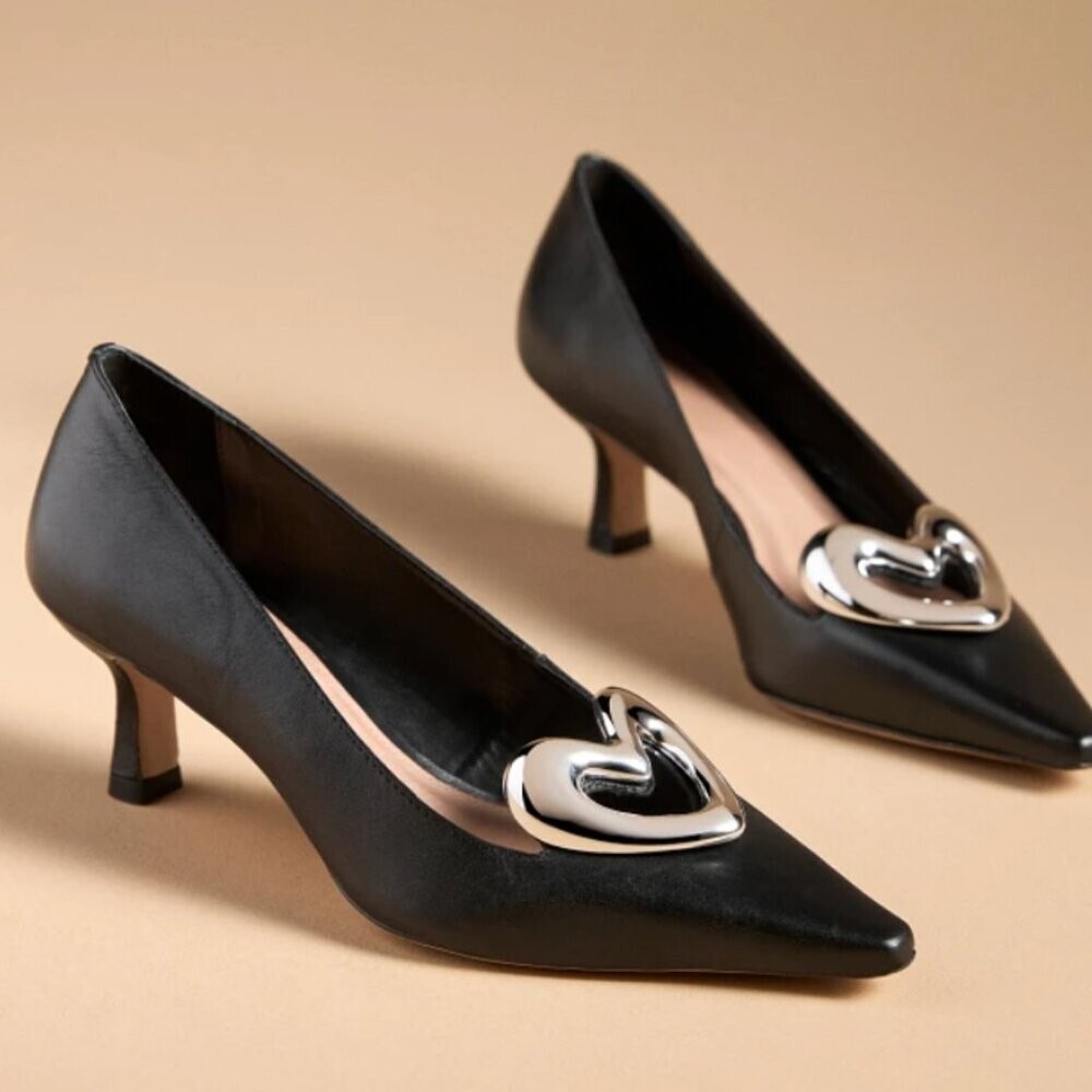 NWOT Anthropologie x Maeve Women's Leather Heart Pumps EU37/US6-6.5 Black Silver